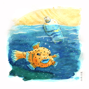 Illustration Kugelfisch mit Wasserflasche - trash